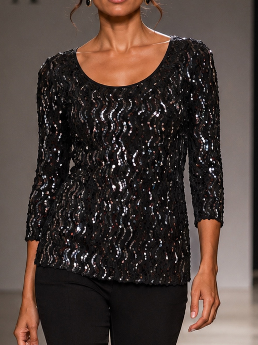 Black Sequin Long Sleeve Top in M